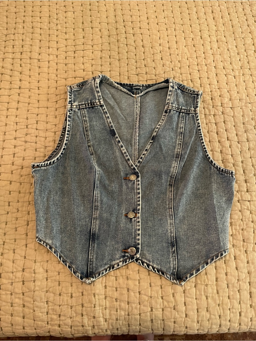 Vintage Wash Denim Button Vest - Blue